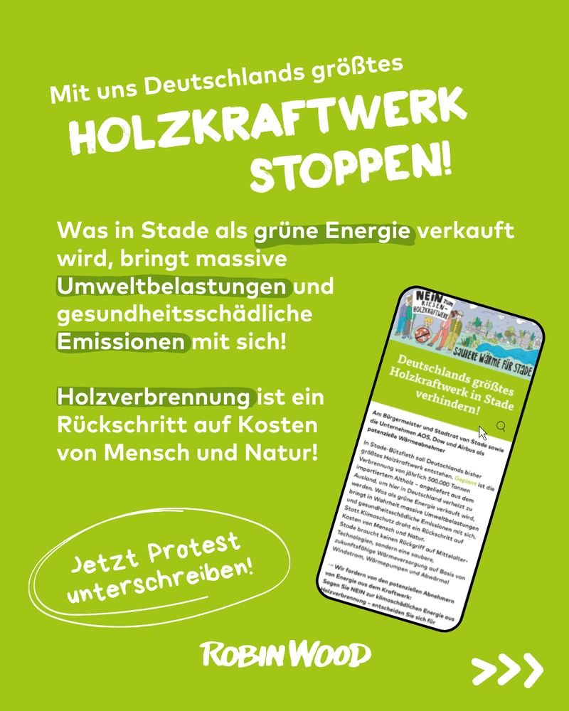 Text: Mit uns Deutschlands größtes Holzkraftwerk stoppen! Was in Stade als grüne Energie verkauft wird, bringt massive Umweltbelastungen und gesundheitsschädliche Emissionen mit sich! Holzverbrennung ist ein Rückschritt auf Kosten von Mensch und Natur. Jetzt Protest unterschreiben. 