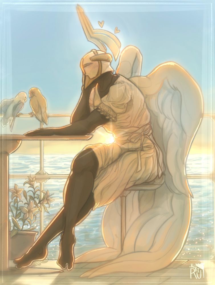 an outside painting, with a side profile of gabriel ultrakill on the foreground, on a seat gazing longingly in front of him. his legs are crossed and his right arm is on his cheek. the background is of an ocean with the sunrise behind it. on the left, two lovebirds. it is implied that v1 is the one sitting on front of him, hence why he seems to have a soft gaze.