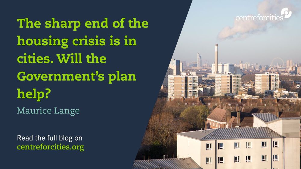 Blog card reads: The sharp end of the housing crisis is in cities. Will the Government’s plan help? Accompanied by a picture of the view from Greenwich in the direction of central London 