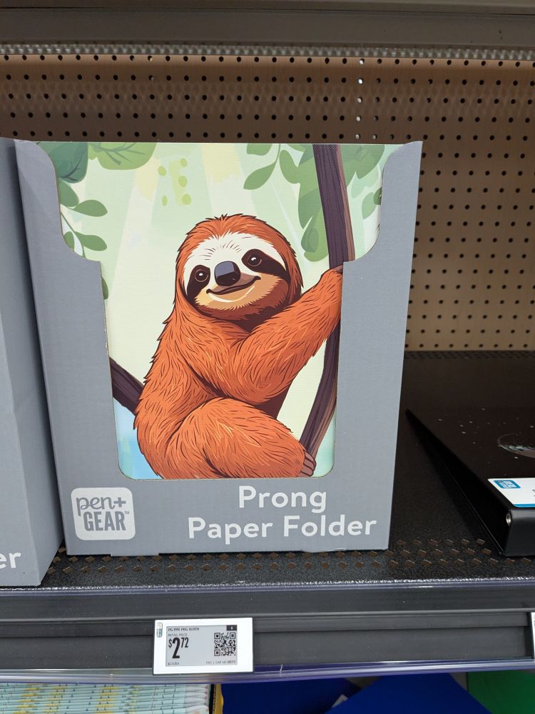 A box of portfolio folders. The image on the front is a sloth that is posed not unlike the "Good Times Sloth" from the comic Memetic. The hand of the sloth is hidden by the box so it may or may not be giving a thumbs up.