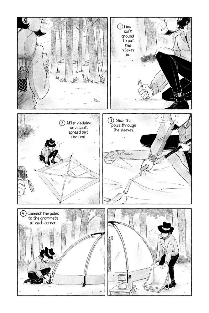 Comic page, Jigen from Lupin the Third is walking through the woods with a backpack and a fall jacket on and he goes through the process of setting up a tent following the narration instructions.  Narration: 1. Find soft ground to put the stakes in.   Narration: 2. After deciding on a spot, spread out the tent.  Narration: 3. Slide the poles through the sleeves.  Narration: 4. Connect the poles to the grommets at each corner.  Jigen then puts a chair, table, portable cooker and water bottle out.