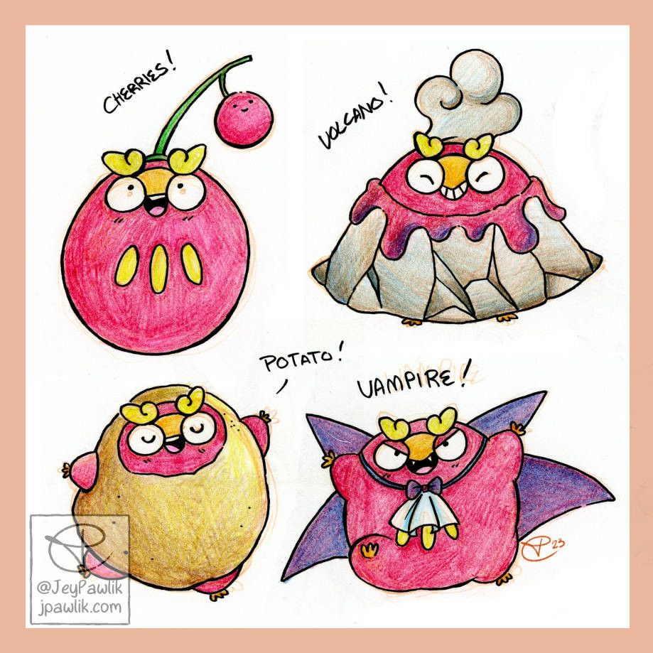 One image with four drawings of Darumaka. They're coloured in with pencil crayons and she's wearing a different Halloween costume in each drawing: a cherry, a volcano, a potato, and a vampire.