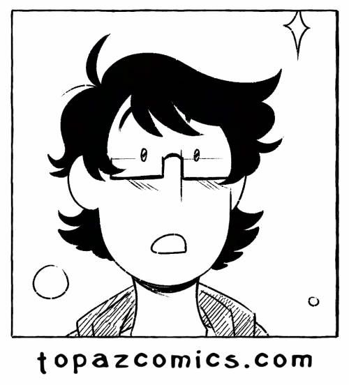 Promo image for the comic "HRT Diary" by Jey Pawlik. The promo shows a crop from the comic, a 20 year old Jey with short shaggy hair and thin glasses looks dreamily ahead. Read the comic at topazcomics.com