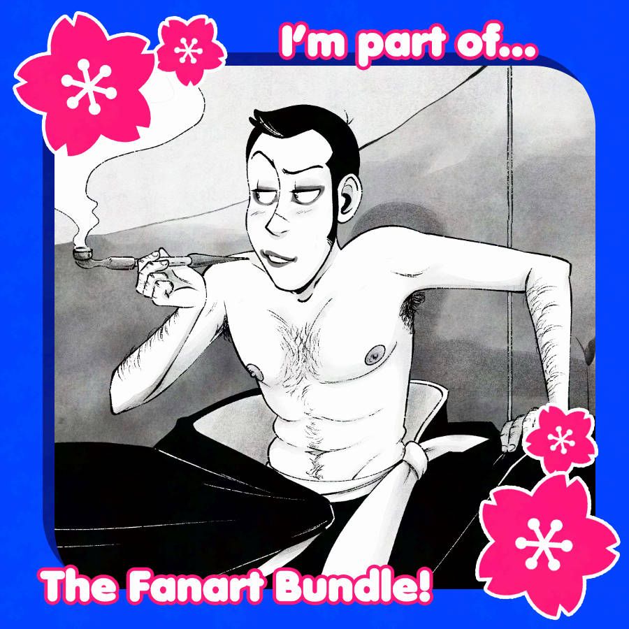 A bright blue border with pink flowers in two corners. Text reads "I'm part of... The Fanart Bundle!" Inside the frame shows Lupin the Third, he's topless but wearing Kabuki makeup and smoking a kiseru, a fancy kimono is draped around his waist. He's sitting in a confident way and looking to the left with a smile. Behind him is a Japanese ink painting of a mountain.