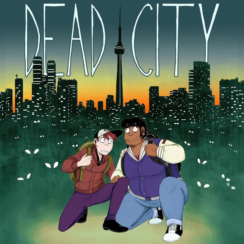 Square image showing Mikael and JP from the cover of the comic Dead City kneeling down next to one another, both with worried expressions as a dark foreboding background looms behind them. The background is the city skyline of Toronto and the lights of the buildings slowly turn into eyes. Text: Dead City