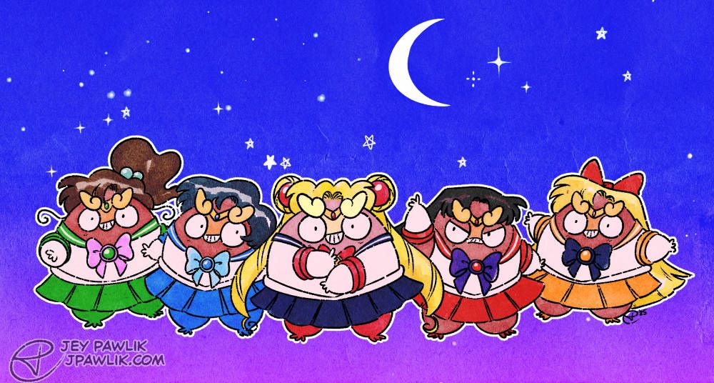 Coloured illustration of five Darumaka dressed in the main five Sailor Scout outfits, wigs and doing their classic poses from Sailor Moon. The background is a purple and blue sky with a crescent moon.