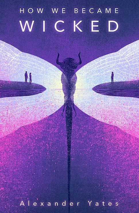 Mostly purple book cover with a trippy picture of a dragonfly from above whose white wings are overlapped by dark side views of islands on each side. On the left side island is two people's silhouettes and on the right side island is one person's silhouette. The title is on top and the author's name is on the bottom.