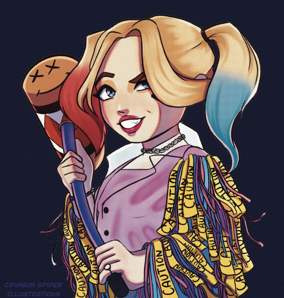 A chibi drawing of harley quinn with her hammer, wearing her caution tassle outfit from Birds Of Prey