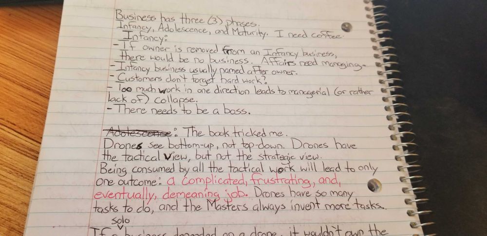 Business has three (3) phase. Infancy, Adolescence, and Maturity. I need coffee. 
Infancy: 
- If owner is removed from an Infancy business, there would be no business. Affairs need managing.
- Infancy business usually named after owner.
- Customers don't forget hard work?
- Too much work in one direction leads to managerial (or rather lack of) collapse.
- There needs to be a boss.

The word Adolescence is stricken out. The words - The book tricked me. follow.
Drones see bottom-up, not top-down. Drones have the tactical view, but no the strategic view.
Being consumed by all the tactical work will lead to only one outcome: [written in red] a complicated, frustrating, and, eventually, demeaning job. [back to black] Drones have so many tasks to do, and the Masters always invent more tasks.