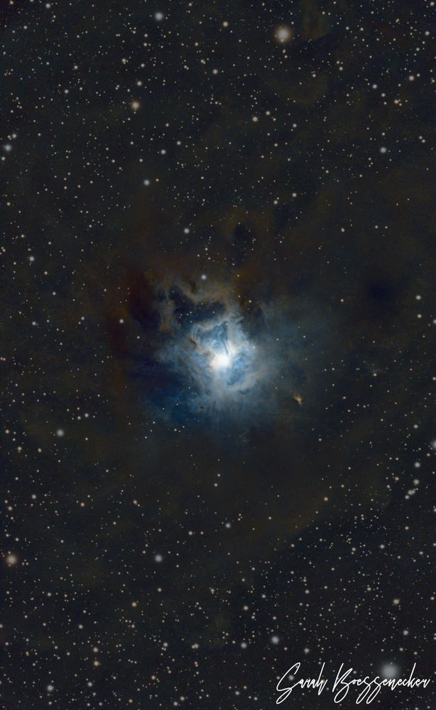 A bright star surrounded by blue dust and gas in a field of stars