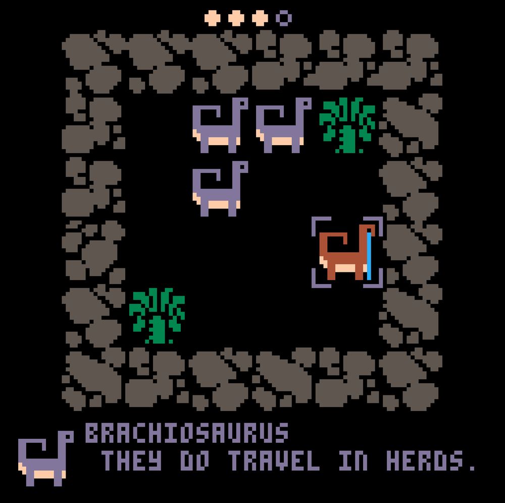 screenshot showing some brachiosaurs in a herd. One is apart from the herd and is crying. species caption reads:

BRACHIOSAURUS
They do travel in herds.