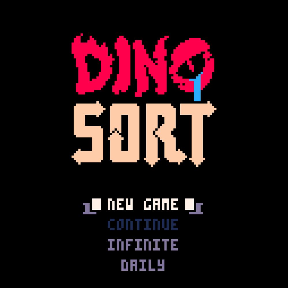 title screen to my new pico8 game DINO SORT. logo is stylized so that the word DINO is like a creature with a crying eye where the O goes, and SORT is stylized with directional arrows conveying movement