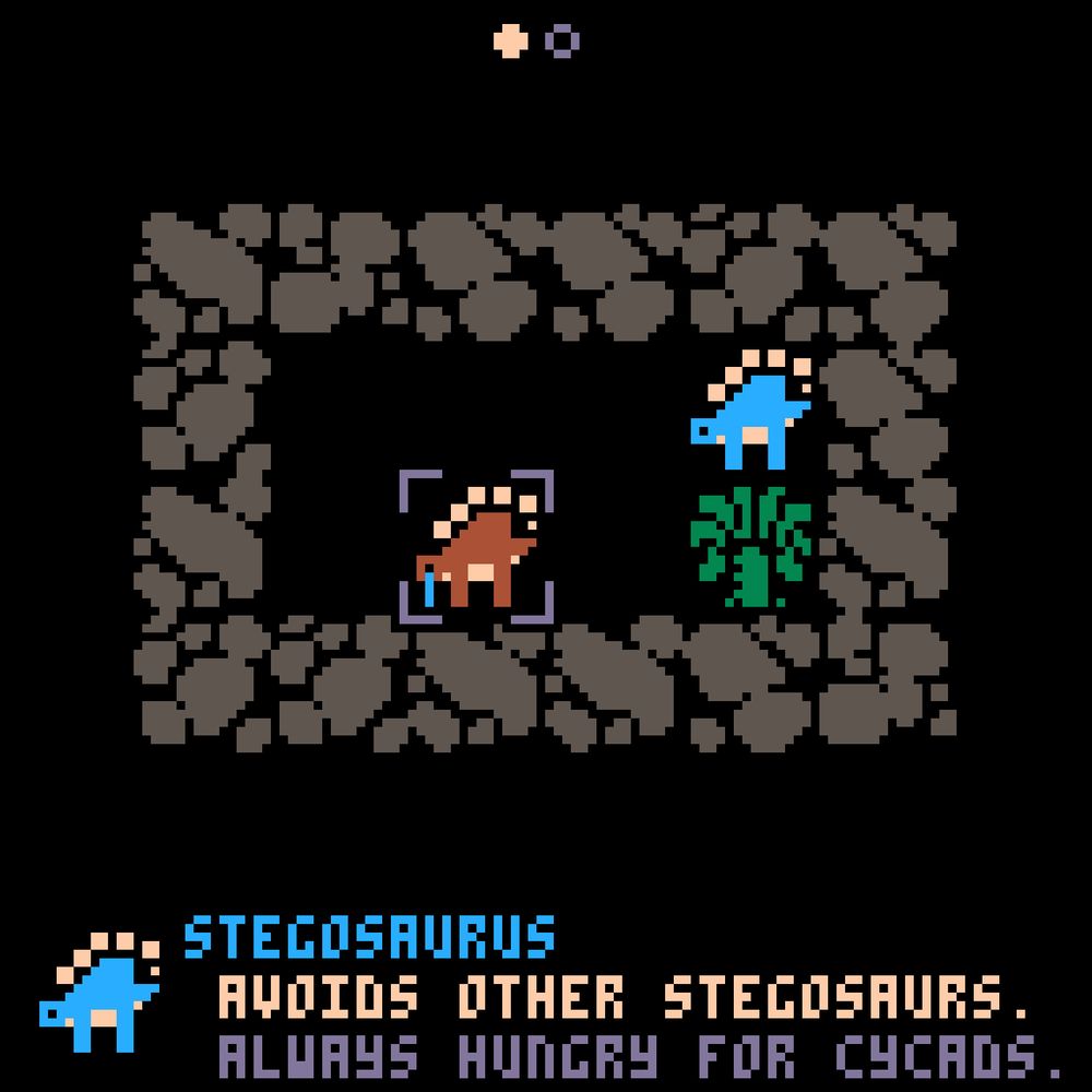screenshot featuring a couple of cute stegosaurs approaching a cycad. one is not close enough yet so they are crying. the species caption reads:

STEGOSAURUS
Avoids other stegosaurs.
Always hungry for cycads.