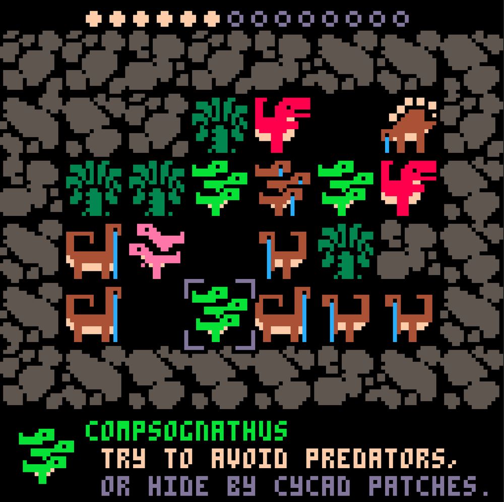 screenshot showing a ton of dinosaurs, many of them crying. the species caption reads:

COMPSOGNATHUS
Try to avoid predators,
or hide by cycad patches.