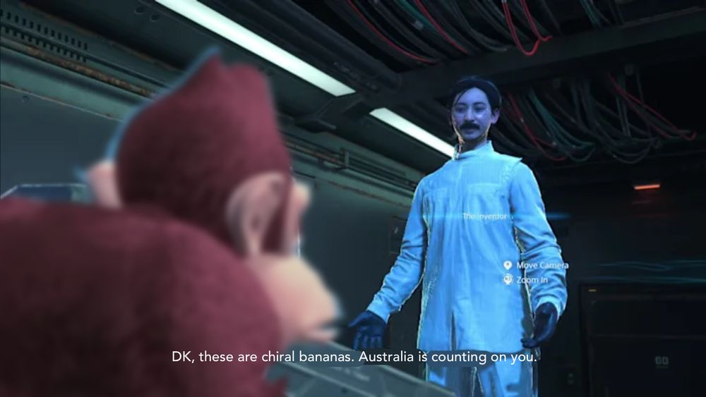 stupid ass mashup of DK in death stranding 2, its dumb, im sorry, i just. i dont have an excues

the image shows DK making a delivery, and the hologram receiving the delivery saying "DK, these are chiral bananas. Australia is counting on you."