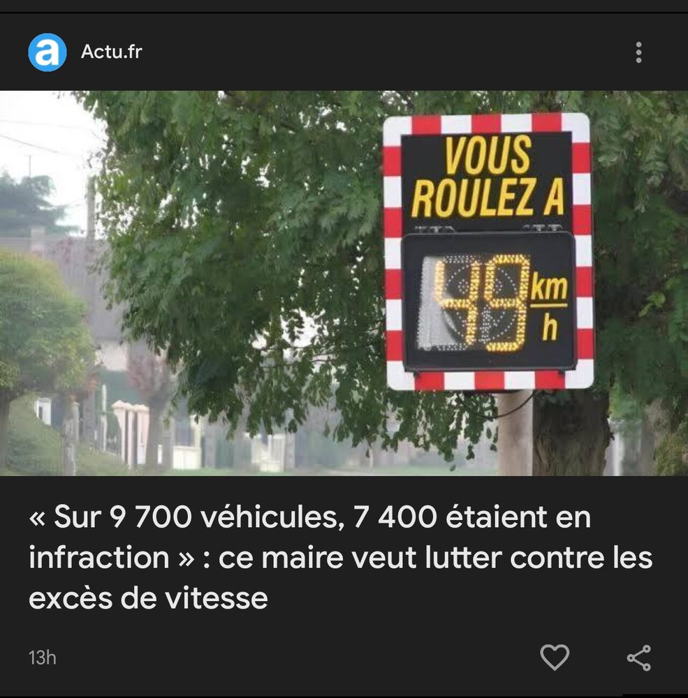 Article actu.fr "sur 9700 véhicules, 7400 étaient en infraction, ce maire veut lutter contre les excès de vitesse"