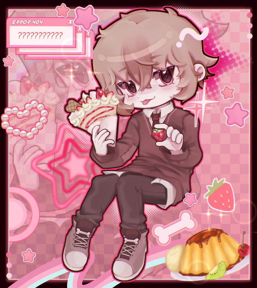 chibi character with pink eyes brown clothes and short blonde/brown hair holding a crepes with strawberries in a pink background