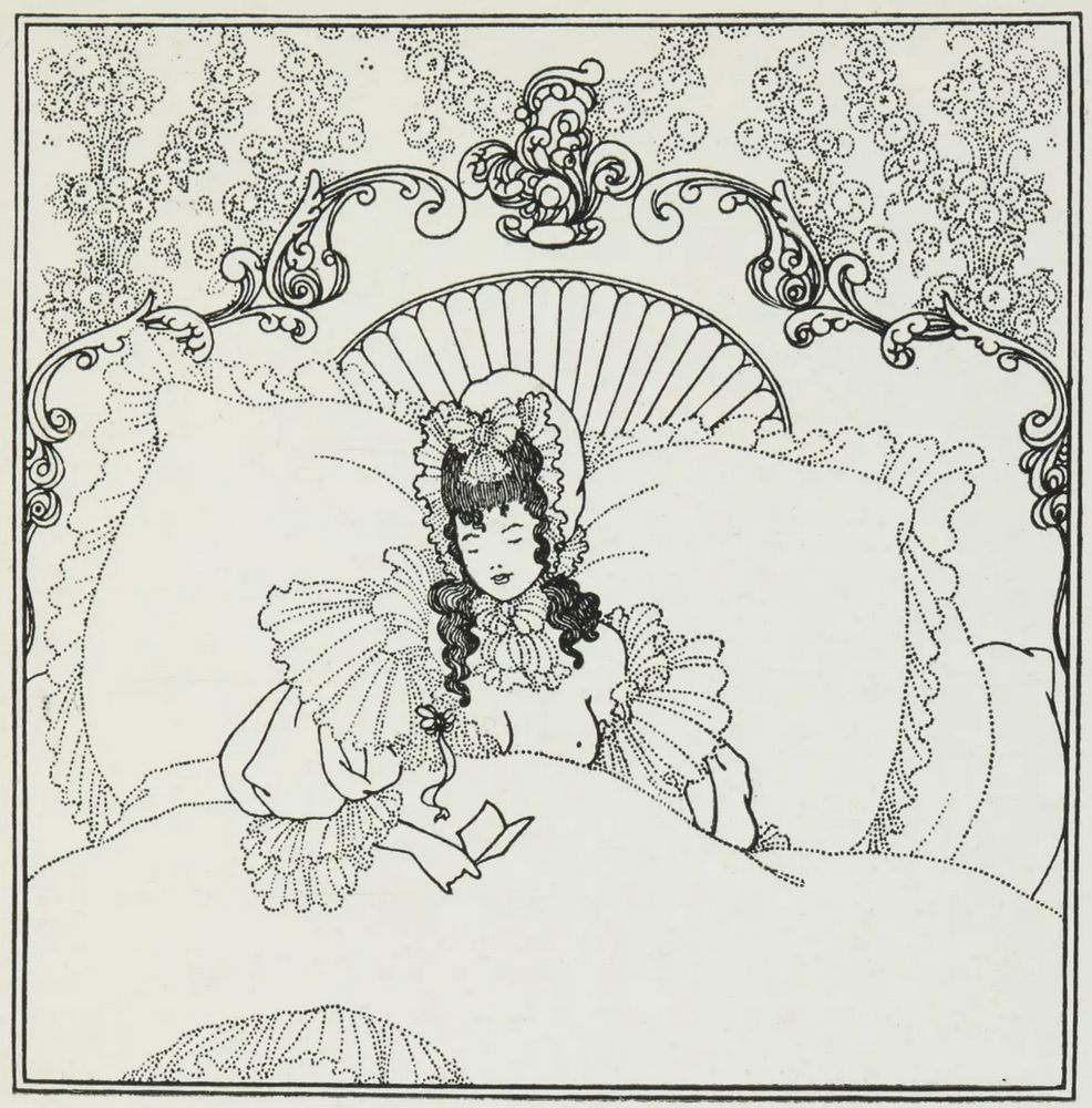 The Billet-Doux by Aubrey Beardsley, a black and white print of a person in bed with a book and a tit out