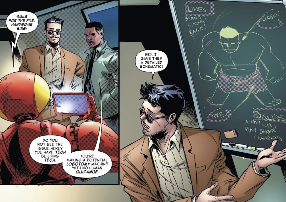 James Rhodes and Tony Stark with his bots 'the smiths' in Tony Stark: Iron Man #12, art by Paolo Villanelli