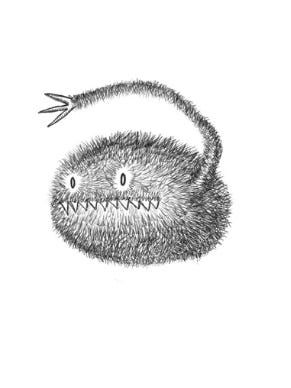 A pencil (?) illustration of a little furry monster. He is round and mostly mouth. He has one long arm-tail with three claws at the end