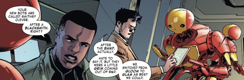 James Rhodes and Tony Stark with his bots 'the smiths' in Tony Stark: Iron Man #12, art by Paolo Villanelli