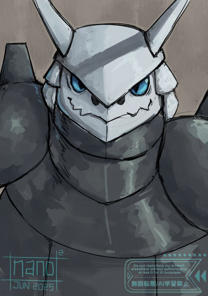Aggron (Pokemon) standing in front of you. Oil painting style digital art