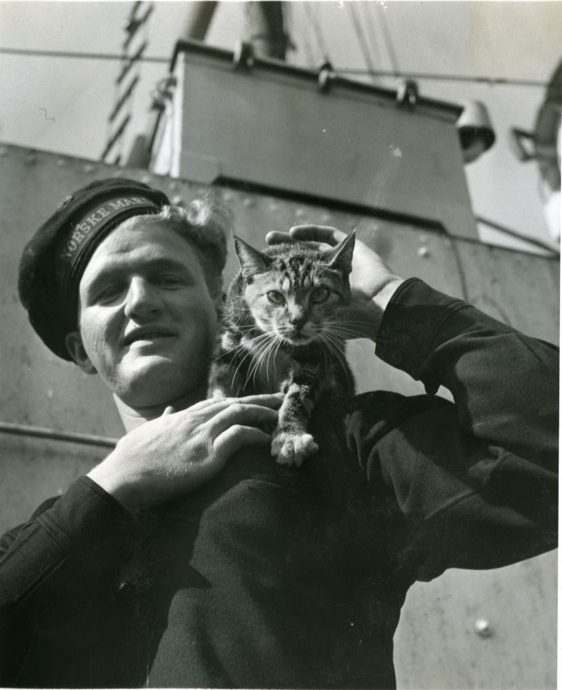 Sorthvitt foto av en marinegast med en katt på skulderen. 