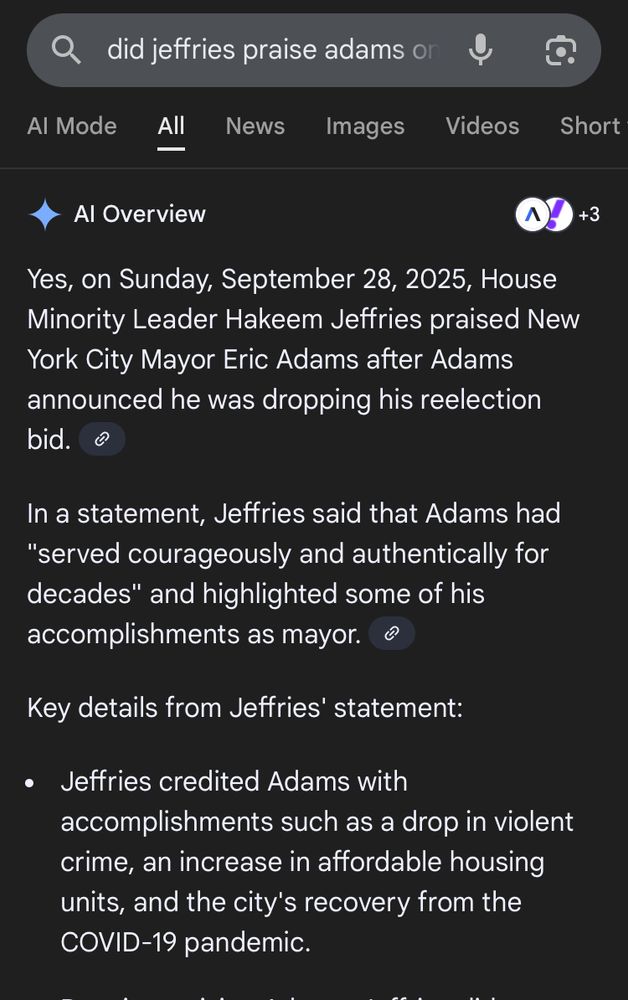 Photo of a Google AI answer to Did Jeffries praise Adam’s on Sunday?  
Nutshell. Yes. 