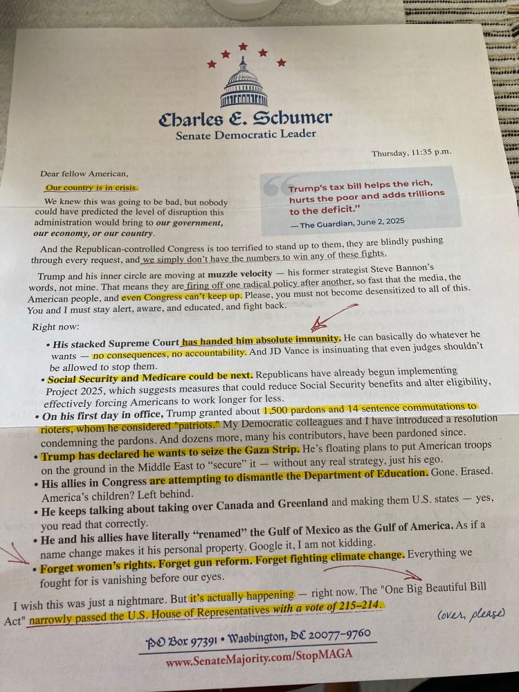 Sternly worded mailed letter from Chuck Schumer to donors, because he’s seeking donations. 