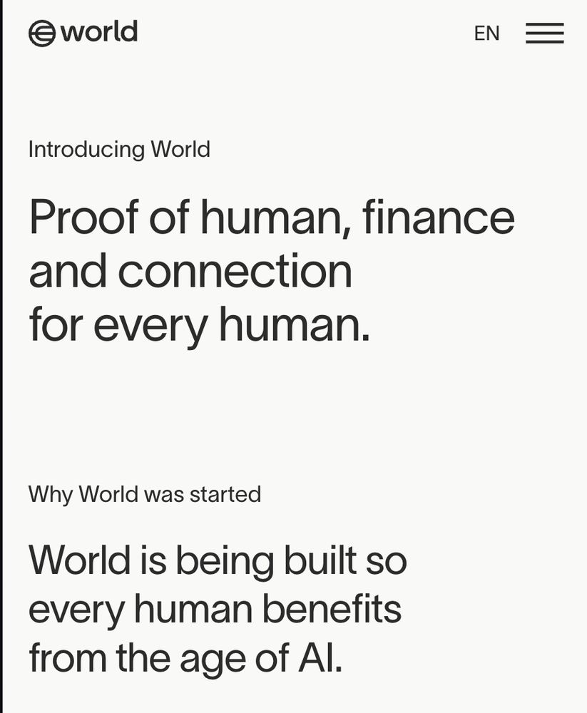 world.org hero banner. "Introducing World. Proof of human, finance and connection for every human. World is being built so every human benefits from the age of AI."
