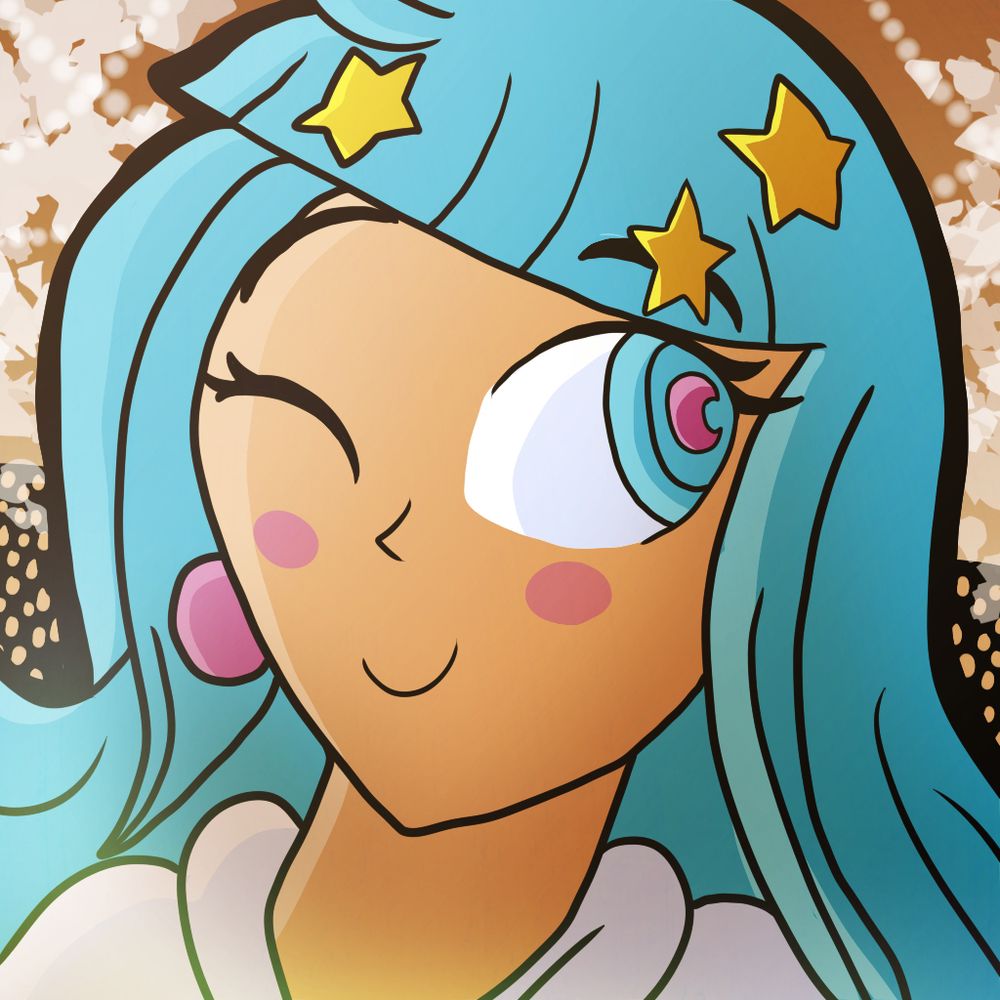 An illustration of a blue haired anime girl with stars in her hair and a pink crescent pupil.