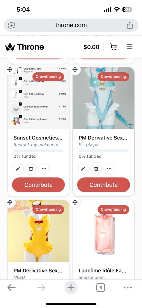 Screenshot of throne wishlist with pokemon cosplay, perfume, and makeup cart