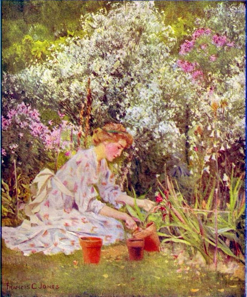 artwork of woman sitting in a flower garden removing plants from pots
