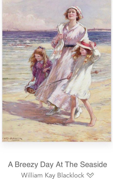 breezy day at the seaside, a woman with two girls