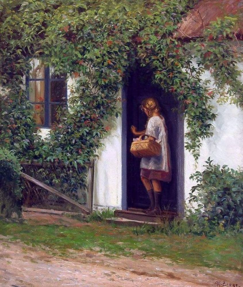 young girl with braids holding a basket at doorway of vine covered cottage 