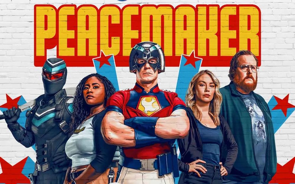 peacemaker poster. from left to right: vigilante, leota adebayo, peacemaker, emilia harcourt, john economos 