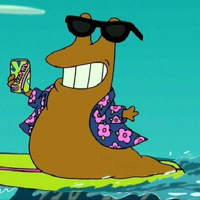 a large brown cartoon worm is wearing sunglasses & a hawaiian shirt while holding a can of soda, slurm, on a surfboard 