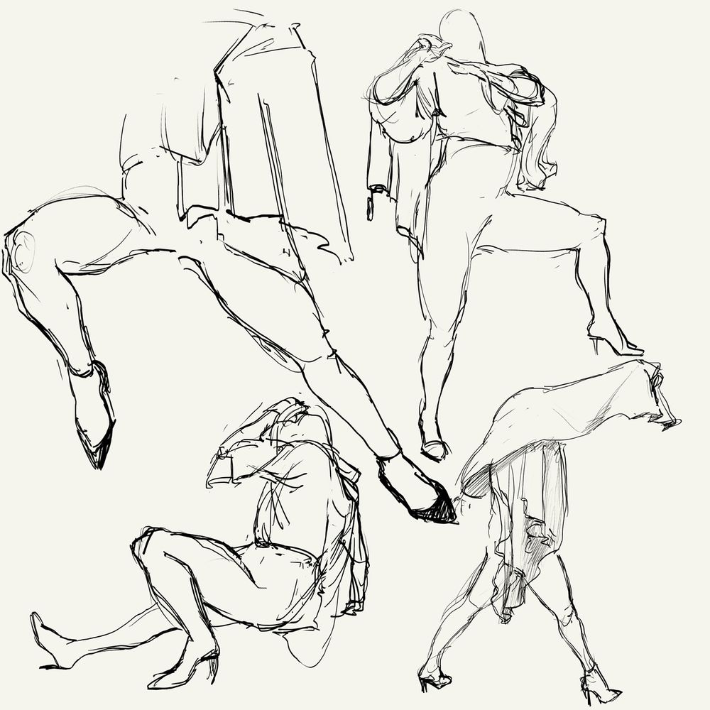 4 drawings a of a heeled figure. one just the legs leaping, one with their leg up on a box, holding their jacket over their shoulder, one on the floor one arm holding them up as they clutch their head, and one holding a jacket over their head with a wide stance