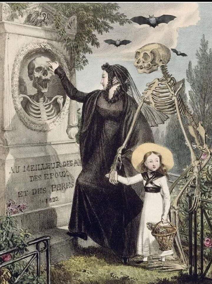 Woman dressed in black clothes stands at a grave with a small child, whose hand is held by a skeleton. The grave has another skeleton on it