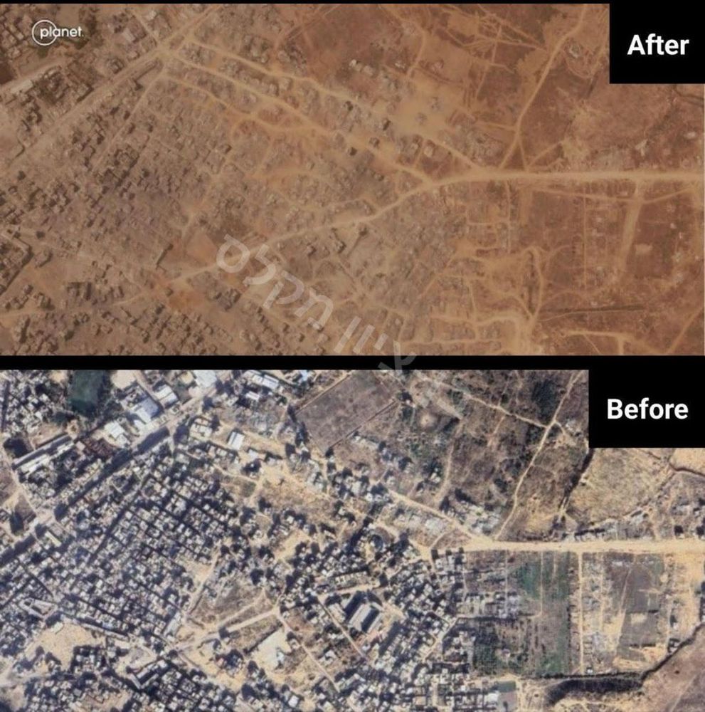 Al-Tuffah neighborhood in eastern Gaza, before and after Israeli bombings
