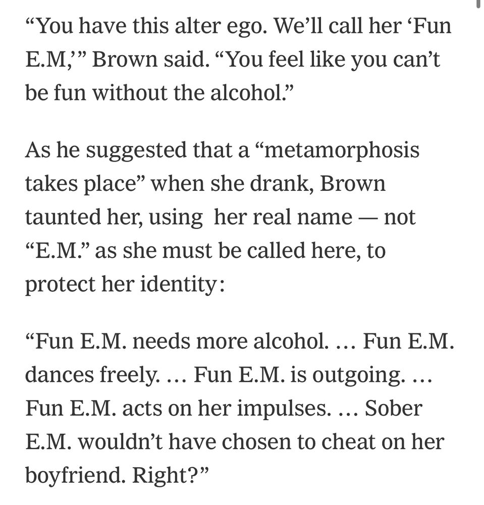 "Fun E.M. needs more alcohol. ... Fun E.M. dances freely. ... Fun E.M. is outgoing. ...
Fun E.M. acts on her impulses. ... Sober
E.M. wouldn't have chosen to cheat on her boyfriend. Right?"