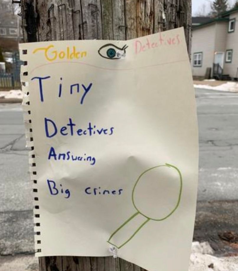 Screenshot of a photo i found on instagram of a handmade advertising flyer tacked to a telephone pole. Flyer is white paper that has been torn out of a spiral notebook. At the top in a child's handwriting is written 
