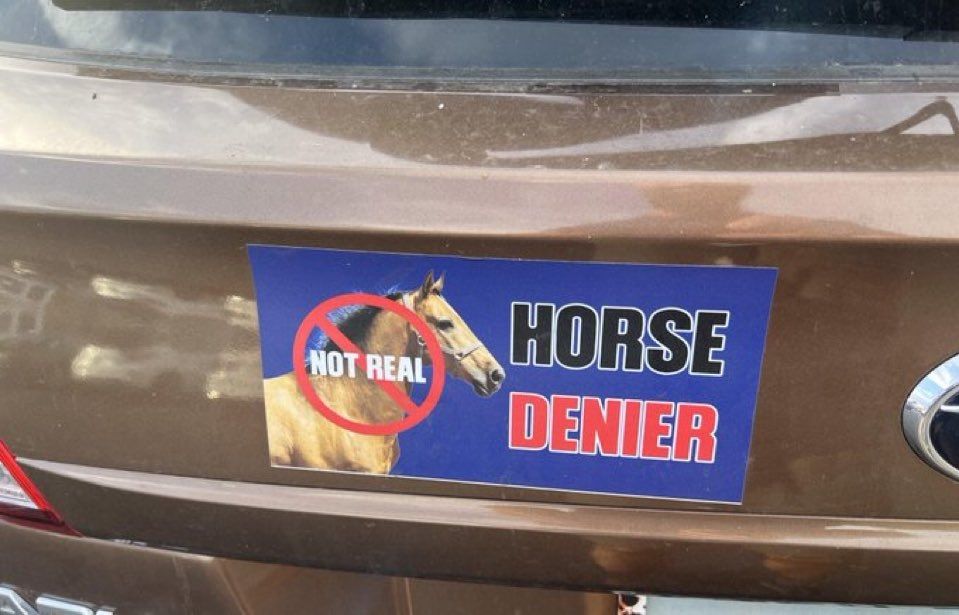 Photo of a bumper sticker that says HORSE DENIER. It has a picture of a horse with the red circle with a line through it that means "no" over it and the words "NOT REAL"