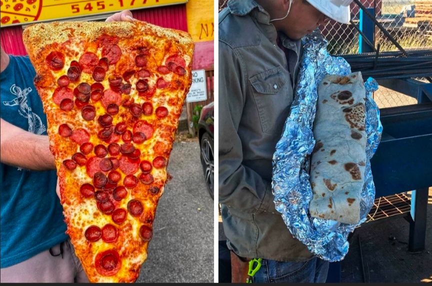 Two photos, one of someone holding up a giant pepperoni pizza slice, and one of a man cradling a giant burrito laying in tin foil. 