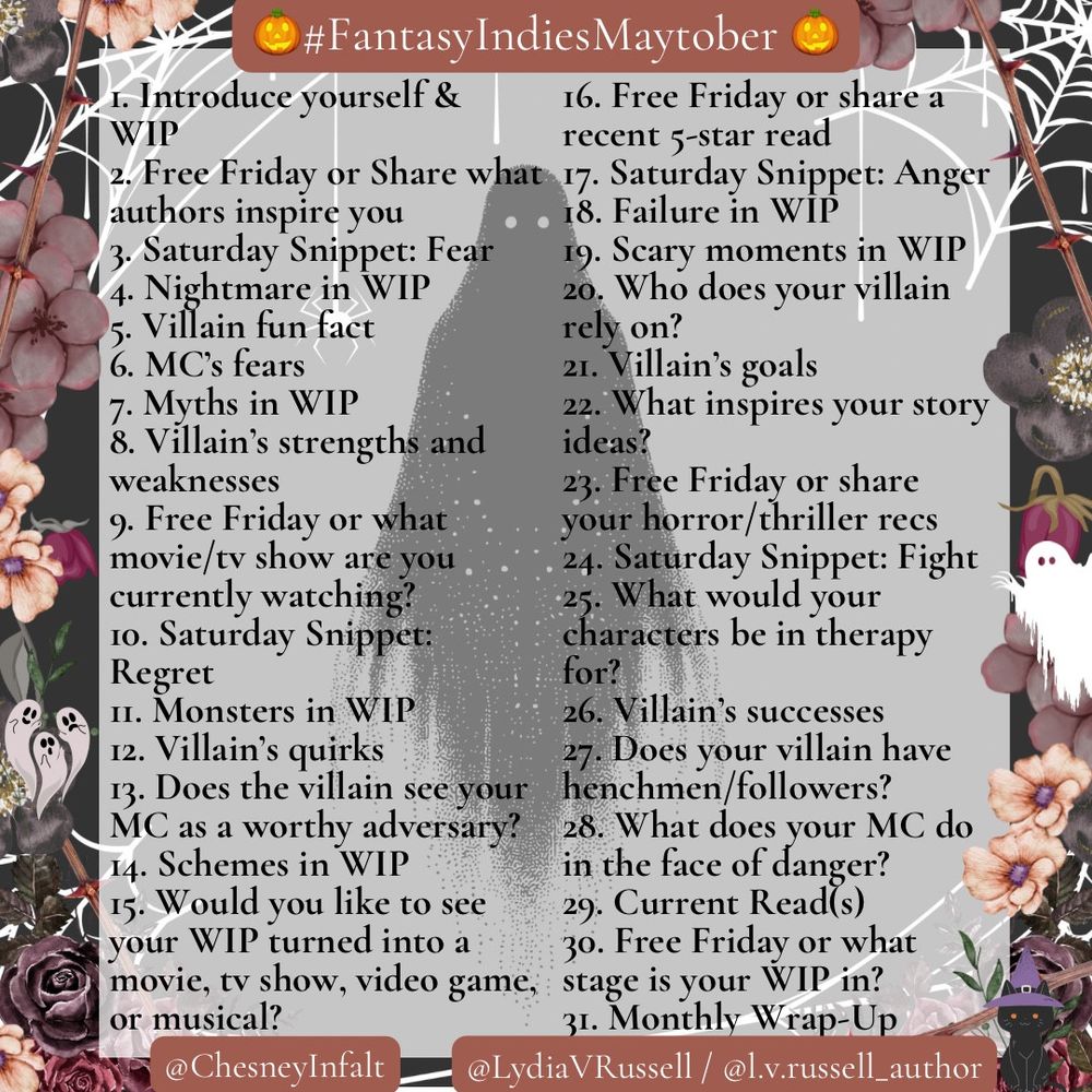 List of daily post prompts for indie fantasy authors for May. Today's is: Villain's strengths and weaknesses

Hosts: @chesneyinfalt.bsky.social and @lvrussell.bsky.social