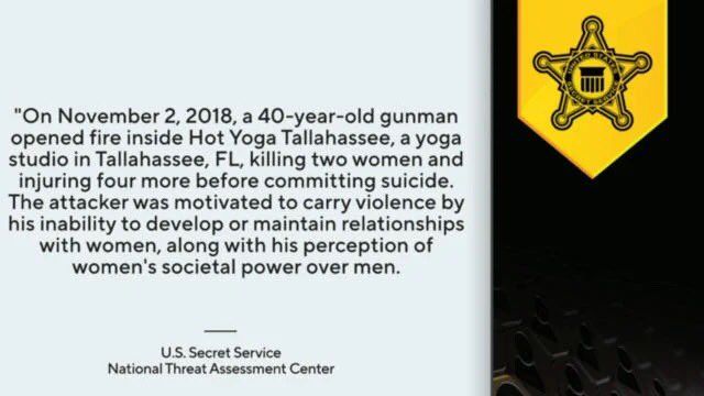 US Secret Service National Threat Assessment into incels. "On november 2, 2018, a 40-year-old gunman opened fire inside Hot Yoga Tallahassee, a yoga studio in FL, killing two women and injuring four more before comitting suicide. The attacker was motivated to carry violence by his inability to develop or maintain relationships with women, along with his perception of women's societal power over men. 