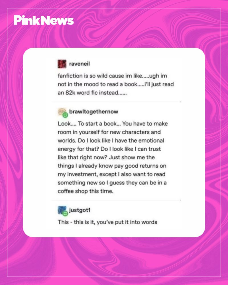Screenshot of a PinkNews article featuring a compilation of four text posts discussing various fictional scenarios and personal reflections, displayed with a swirling pink and purple background.