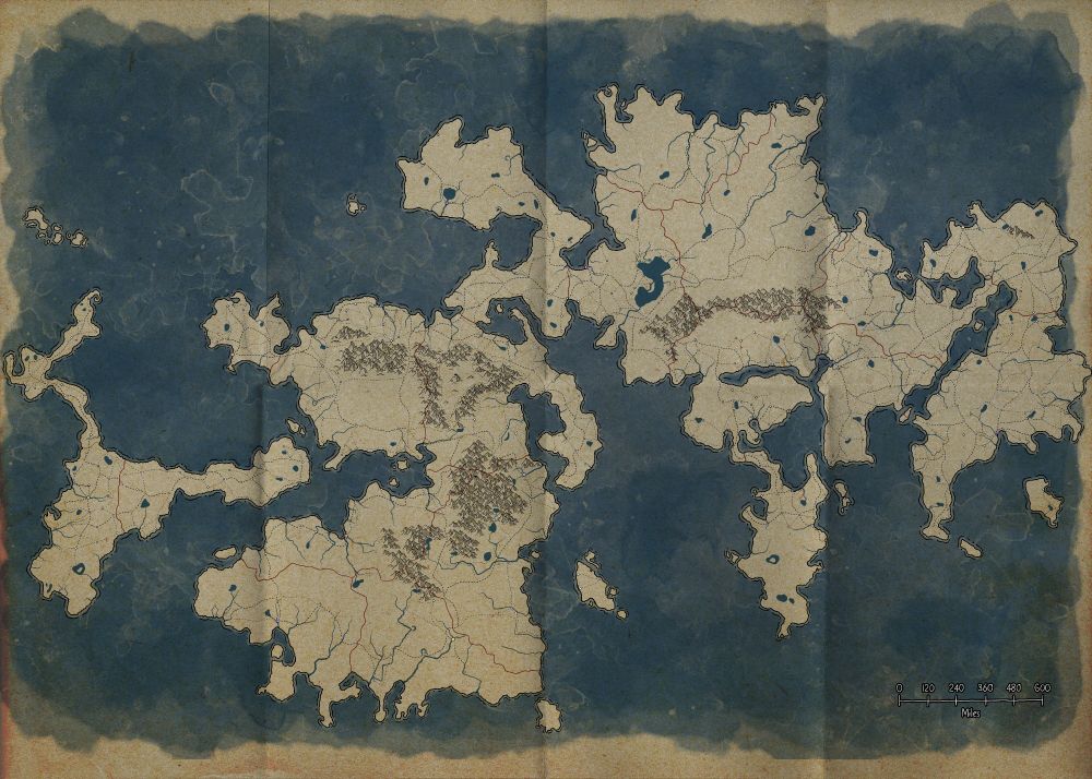 A fantasy world map, made to look hand drawn, the ocean looks like watered down ink or watercolour paint. The map features an entire fantasy world with roads, locations, mountains and rivers