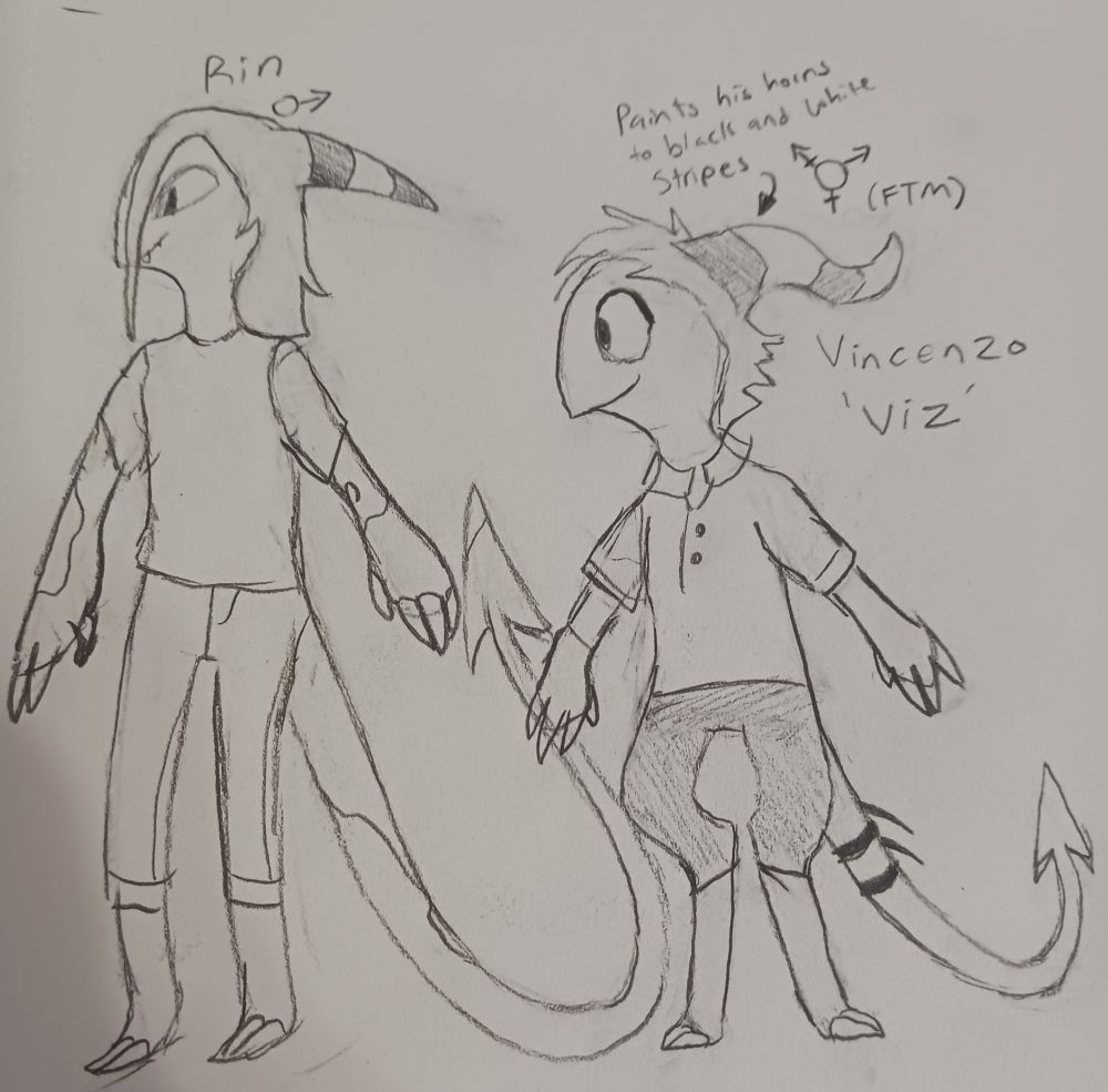 Rin and Viz.
Viz is trans, painting his horns black and white striped, belittled at his job and overworked.
Rin is laid-back and easygoing, even if he usually hangs out with the wrong Imps. Despite everything, he fell in love with Viz who sheepishly returns the favor
