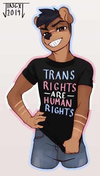 Jing wearing a Trans Rights are Human Rights shirt